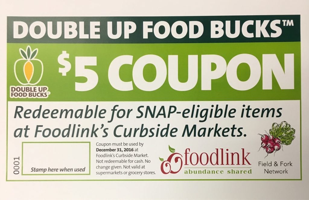 An enlarged view of a Double Up Food Bucks coupon. 