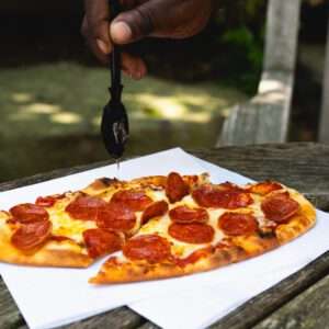 Pepperoni Pizza with Bee Sting - hot honey from the bees at the Community Farm