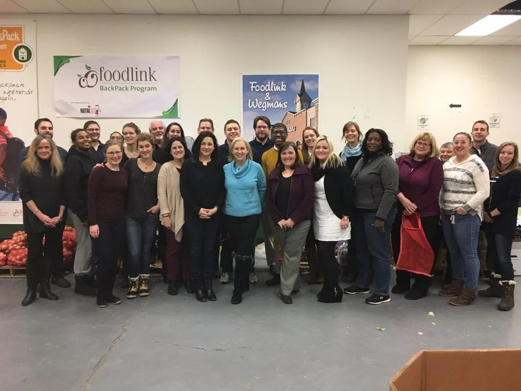 Sen. Kirsten Gillibrand (D-NY) joined Foodlink staff members and volunteers in our distribution center on Dec. 16, 2016. 